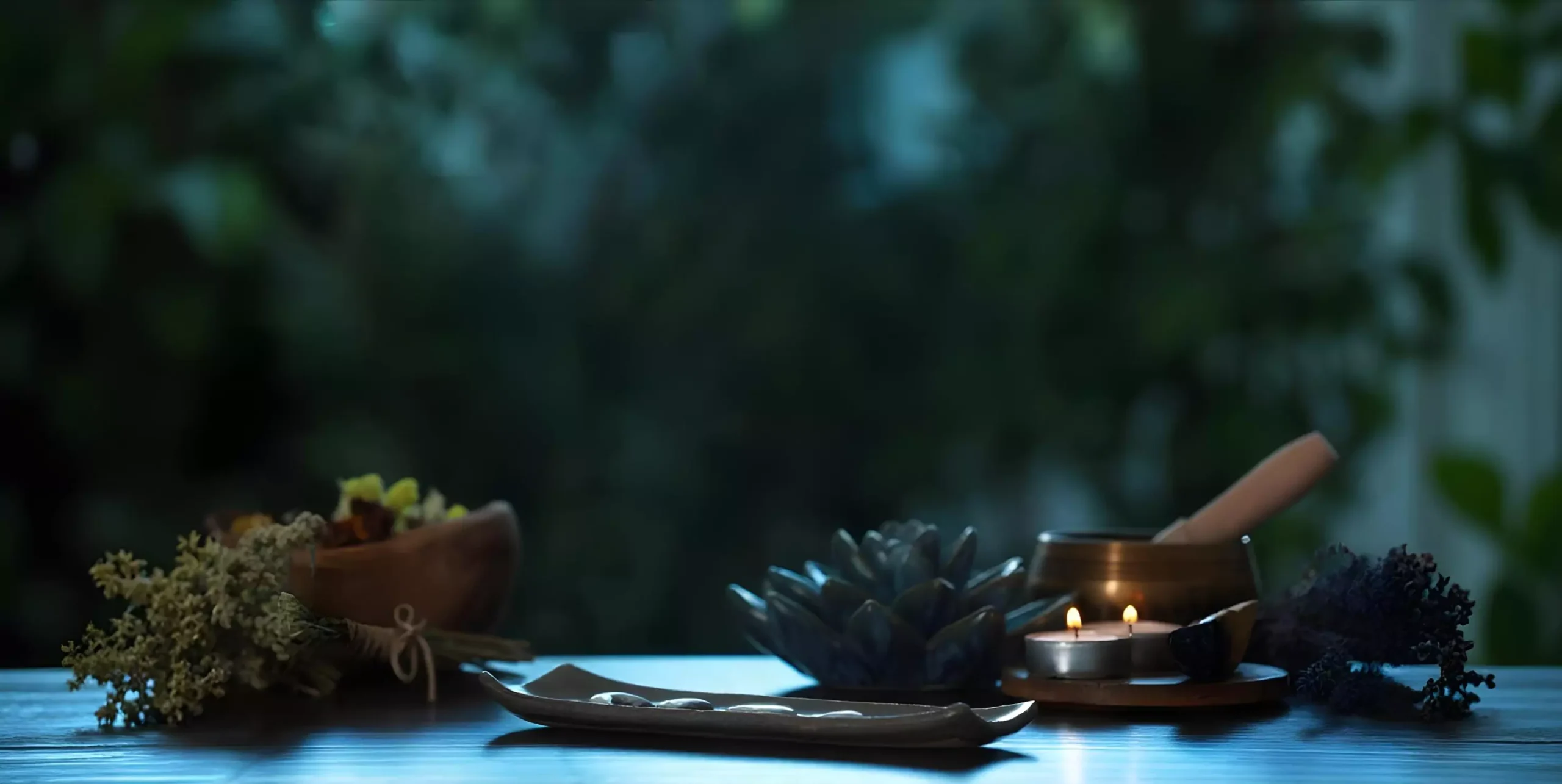 Meditation setup with singing bowl, candles, herbs, and incense.
