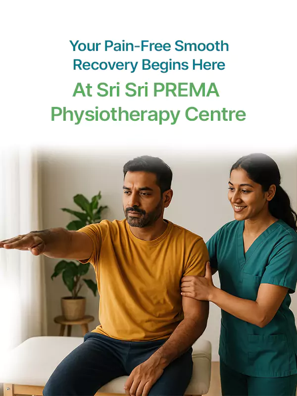 Physiotherapy: Man doing arm exercises with a therapist at Sri Sri PREMA Physiotherapy Centre.