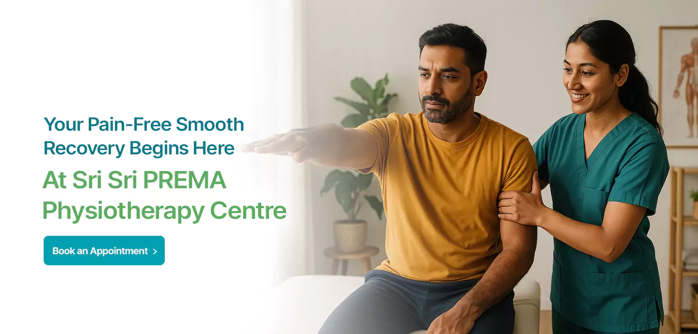 Physiotherapy session: Man doing arm exercises with a therapist at Sri Sri PREMA Physiotherapy Centre.